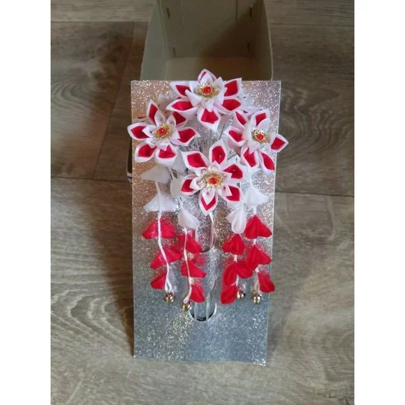 Vintage Japanese Bira Kanzashi Kimono Red Hairpin Hair Ornament Original Box Kanzashi Big &Small Red Japan Kimono Hair ornament, Set of 2  main image 3